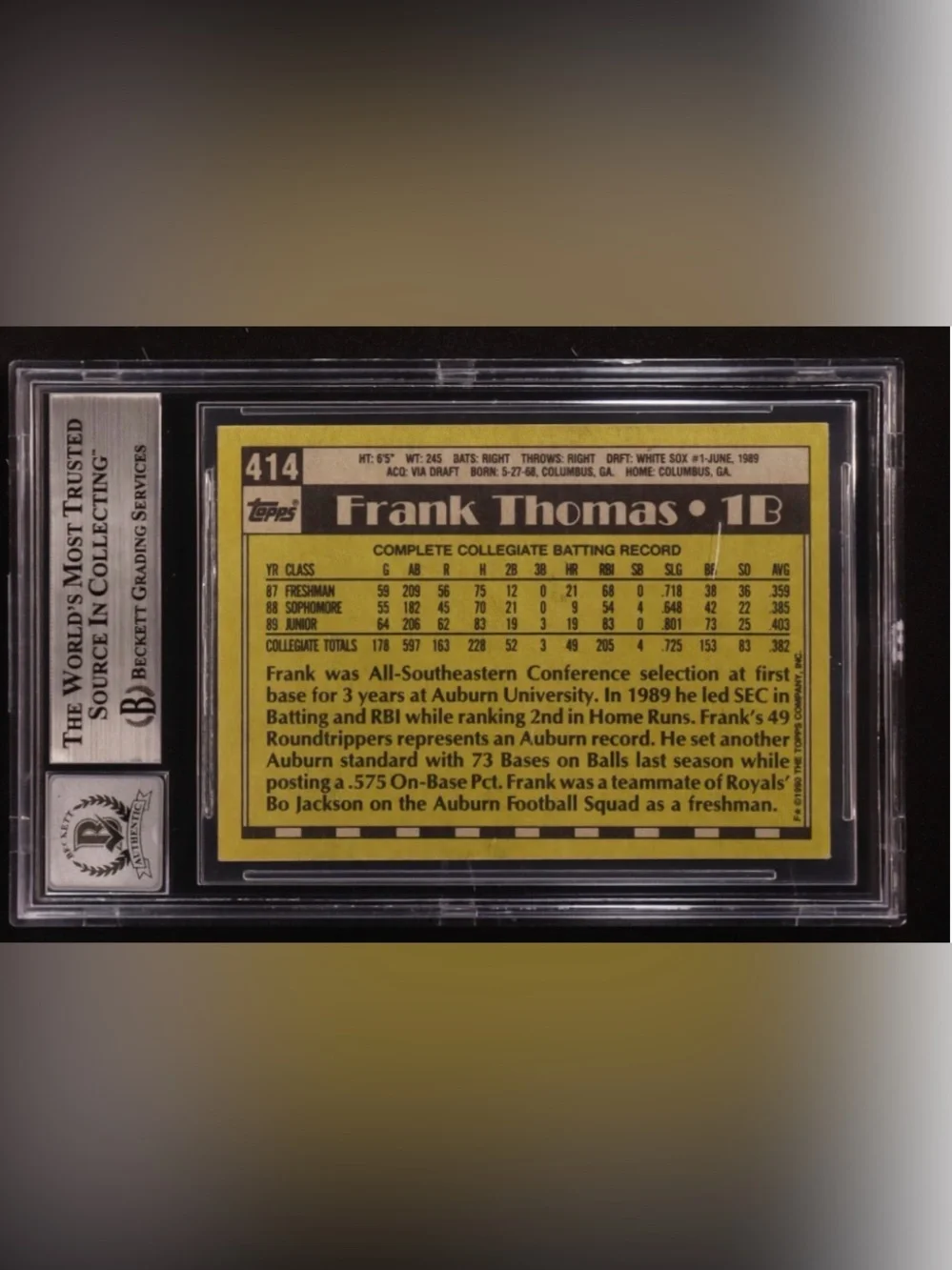 Frank Thomas Autographed Rookie Topps Baseball Card - BECKETT 10